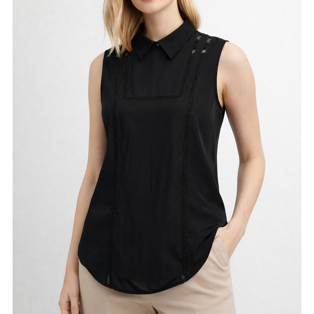 Veronica Beard Aster Collar‎ Bib Silk Blouse Womens 10 Black Luxury Career Top